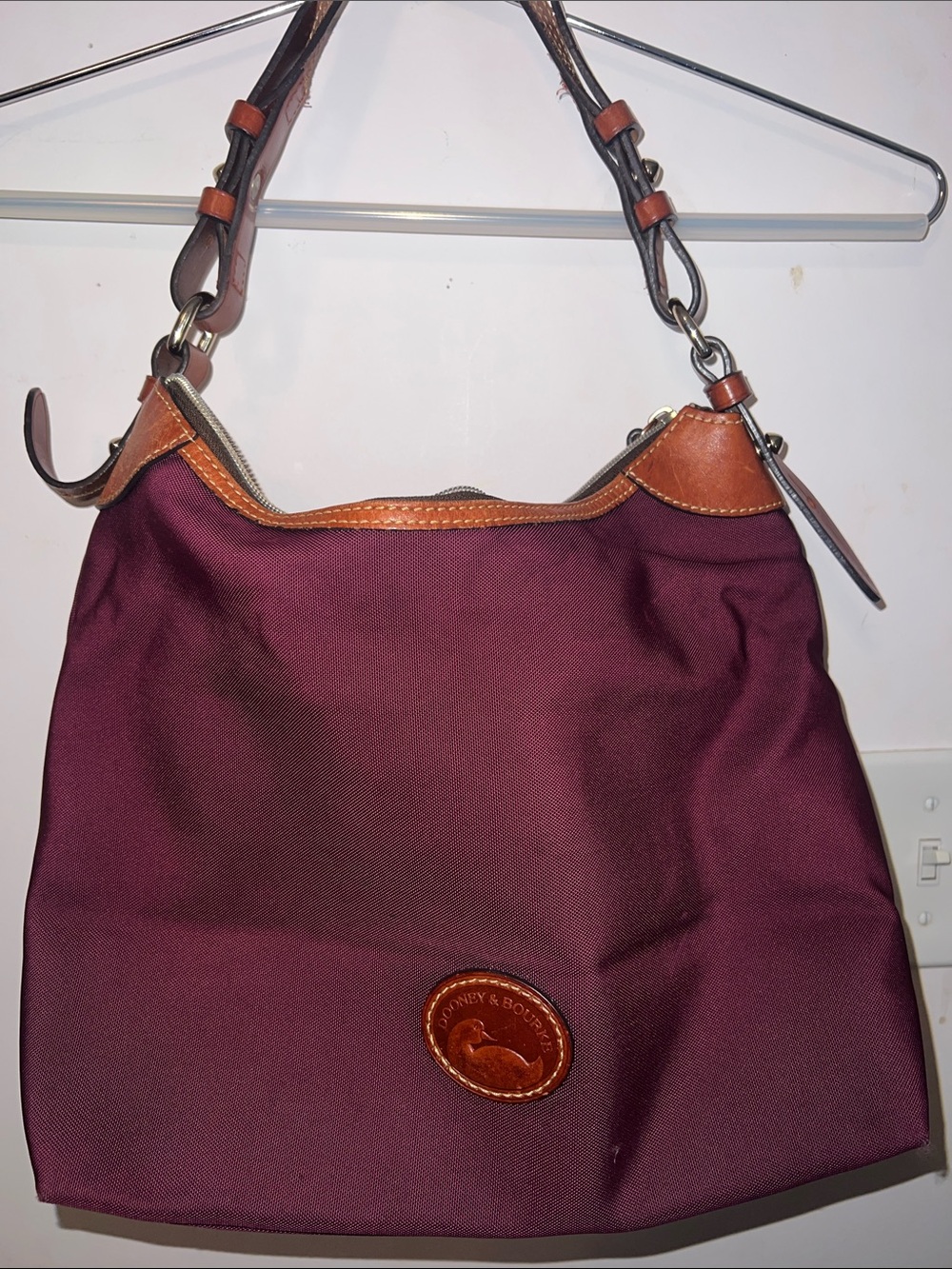 Dooney & Bourke Plum Canvas Shoulder Bag with Brown Leather Trim